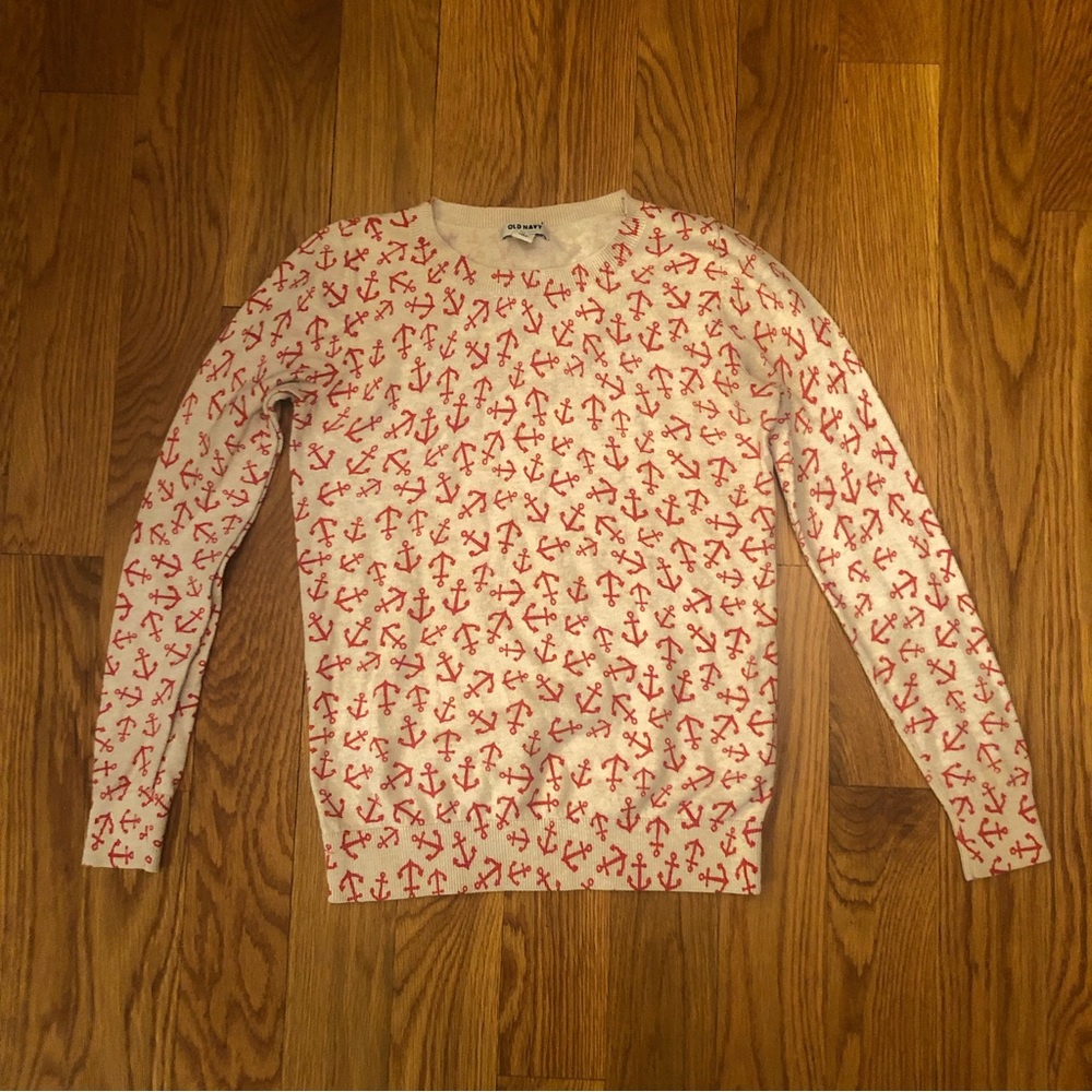Old Navy Cream Red Anchor Crew Neck Light Sweater Top Shirt XS